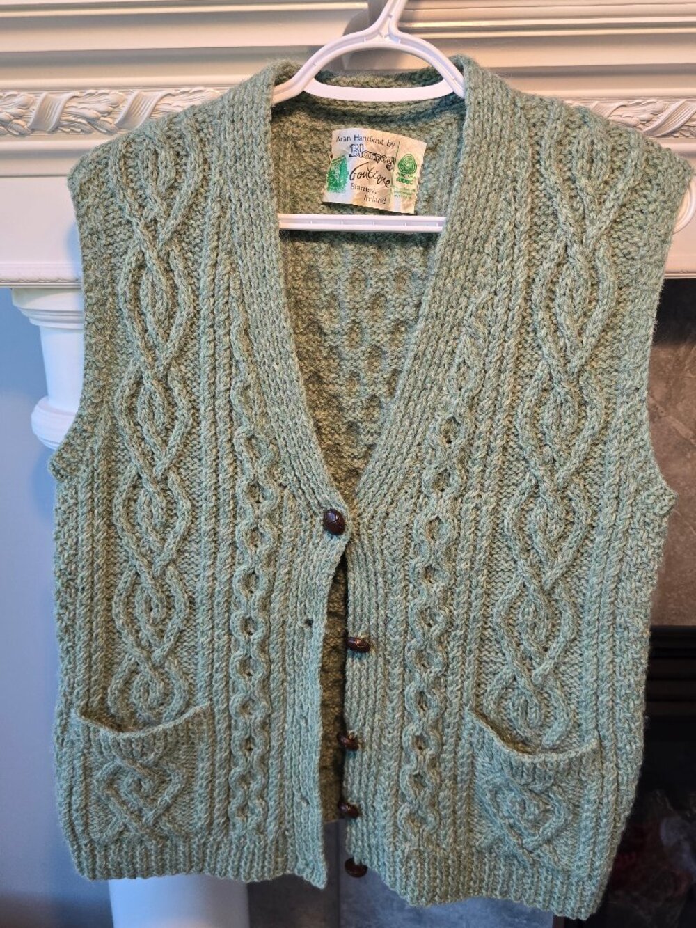 Vintage Blarney Boutique 100% Pure Wool Aran Handknit Cable Vest - Sage Green